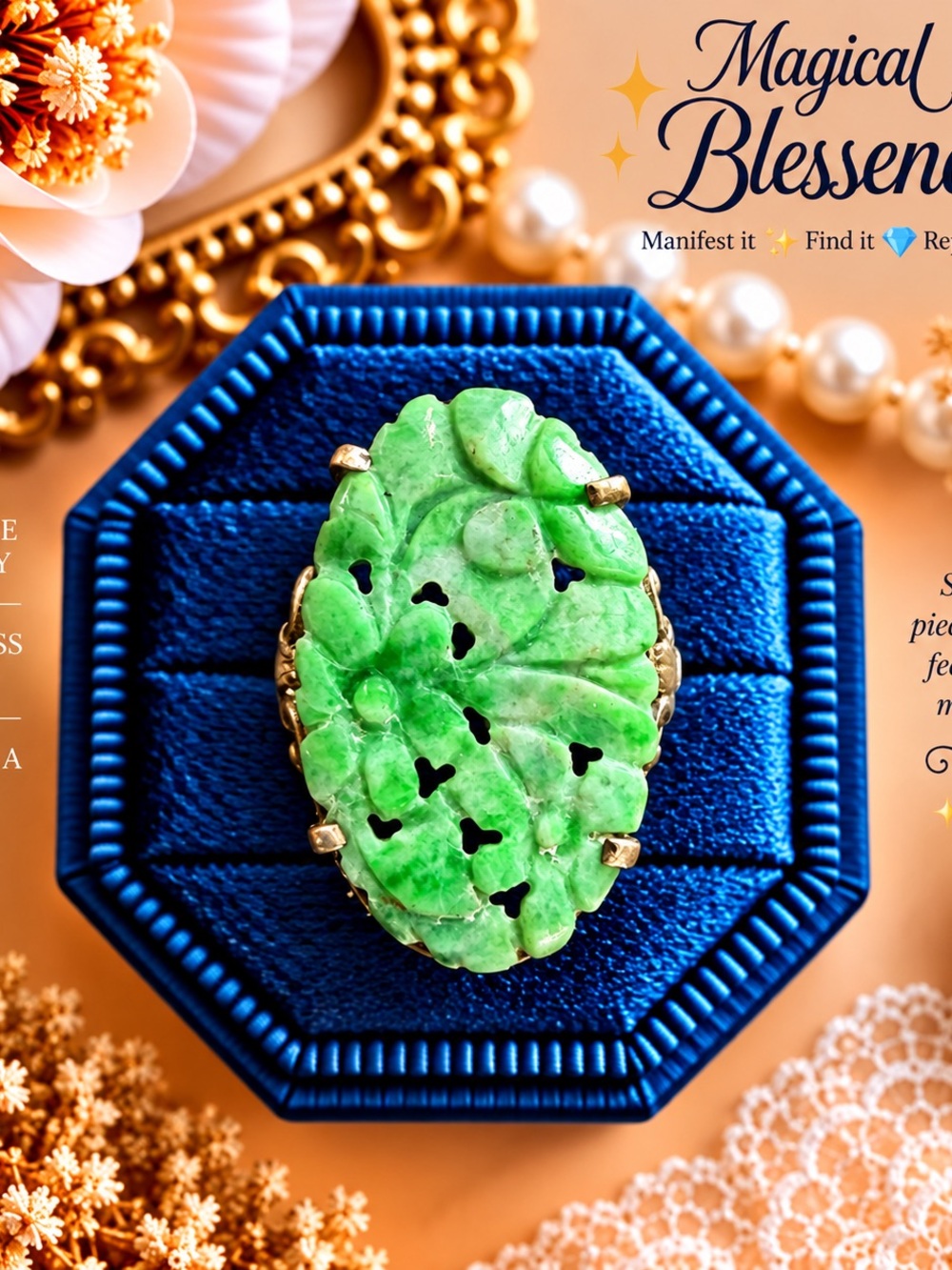 Green Floral Carved Jade Ring - Women Jewelry